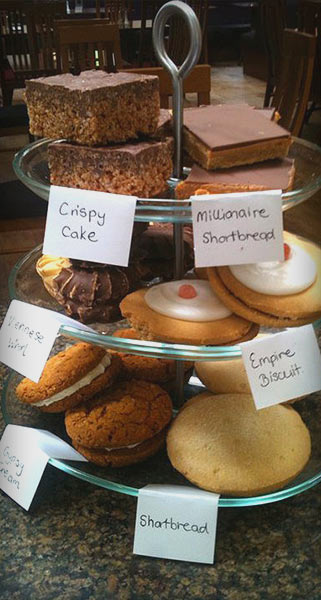 Cake tray with Crispy Cake, Millionaire Shortbread, Empire Biscuit and Gypsy Cream